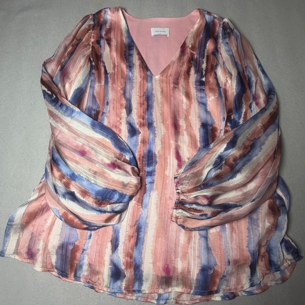 Adrienne Vittadini Women Pink Blue Stripe Balloon Sleeve V-Neck Blouse M 2378TD